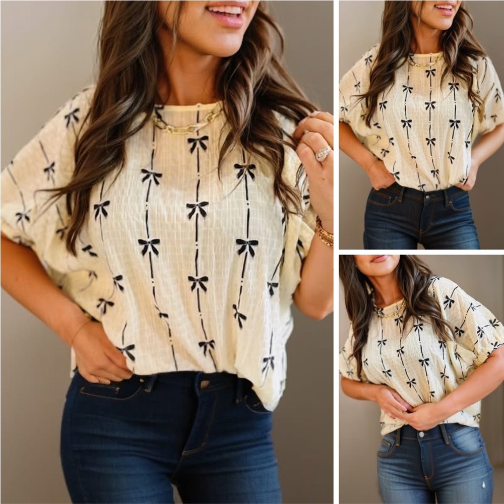 Bow print puff sleeve blouse NEW